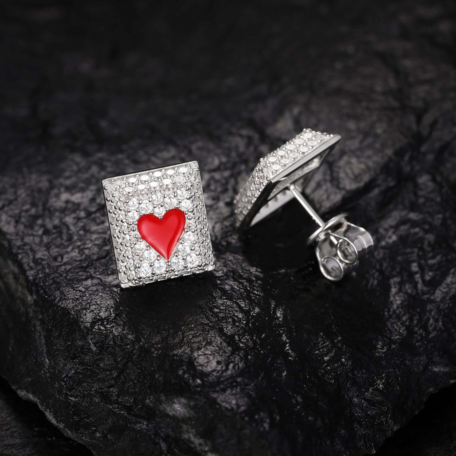 Chic sterling silver earrings with playing card design, moissanite & diamond sparkle.