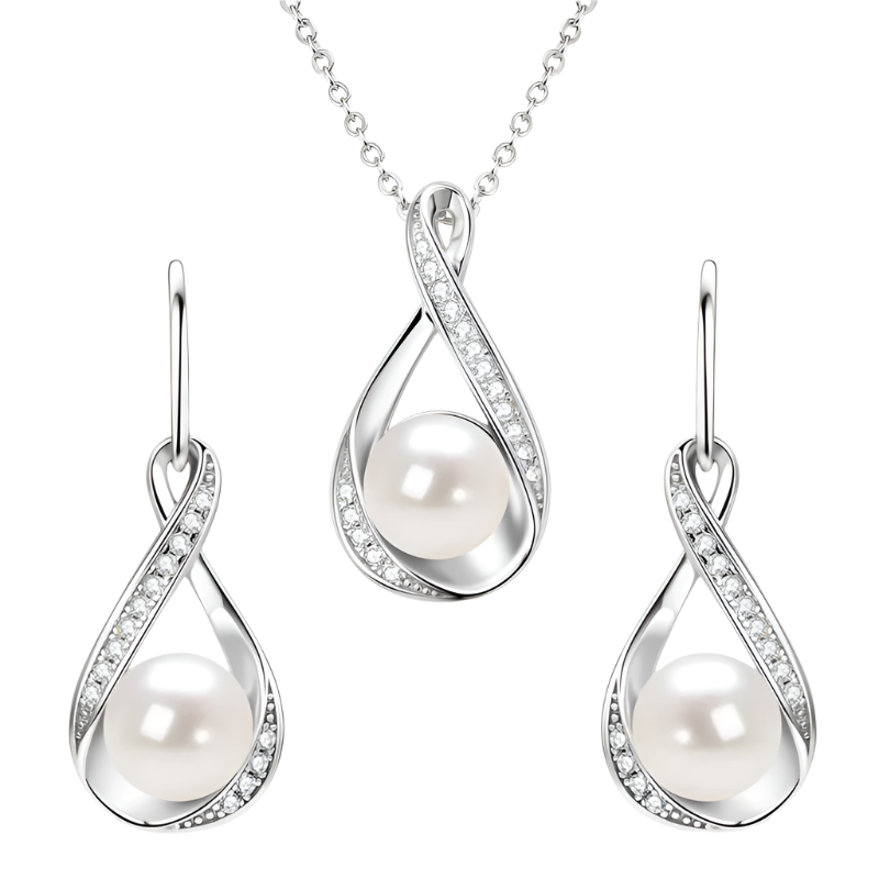 Sterling silver necklace & earrings set with moissanite diamond accents and freshwater pearls.