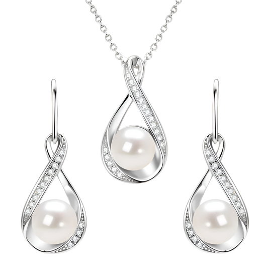 Sterling silver necklace & earrings set with moissanite diamond accents and freshwater pearls.