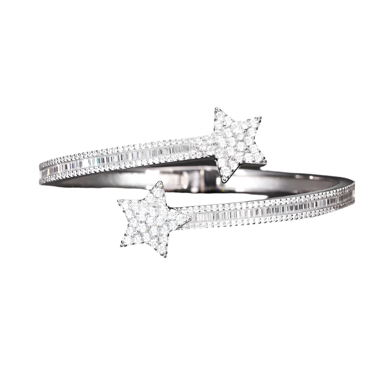 Sparkling moissanite & diamond star bangle bracelet in sterling silver.