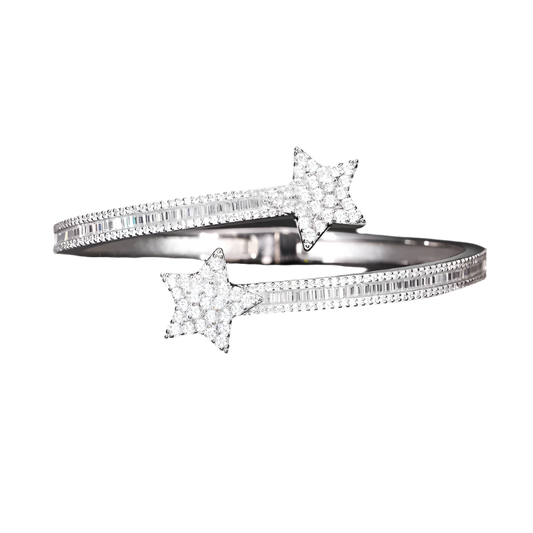 Sparkling moissanite & diamond star bangle bracelet in sterling silver.