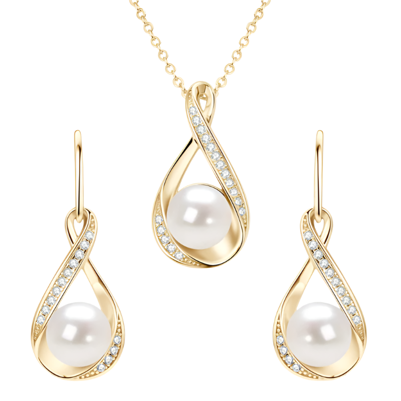 Elegant pearl & moissanite jewelry set: sterling silver necklace and earrings, classic design.