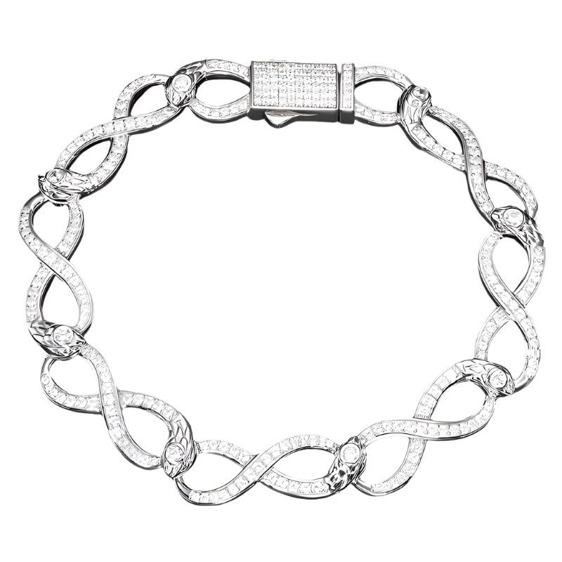 Sterling silver infinity bracelet with sparkling moissanite diamonds, elegant design.