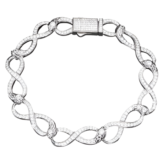 Sterling silver infinity bracelet with sparkling moissanite diamonds, elegant design.