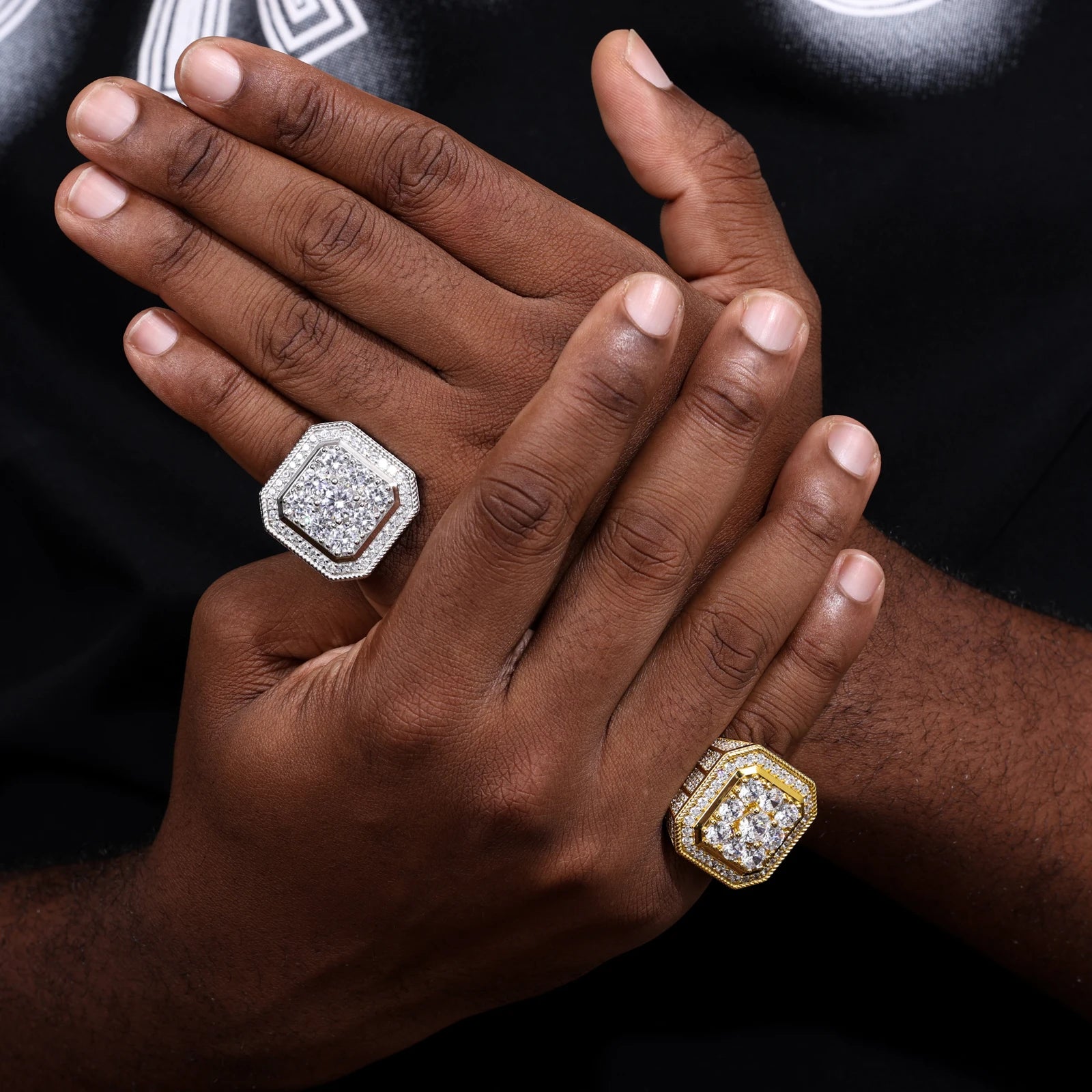 Blingy men's ring: sterling silver setting with large moissanite and diamond embellishments.