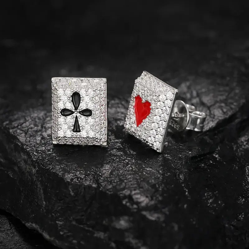 Square earrings, playing card motif, moissanite & diamonds, set in sterling silver.