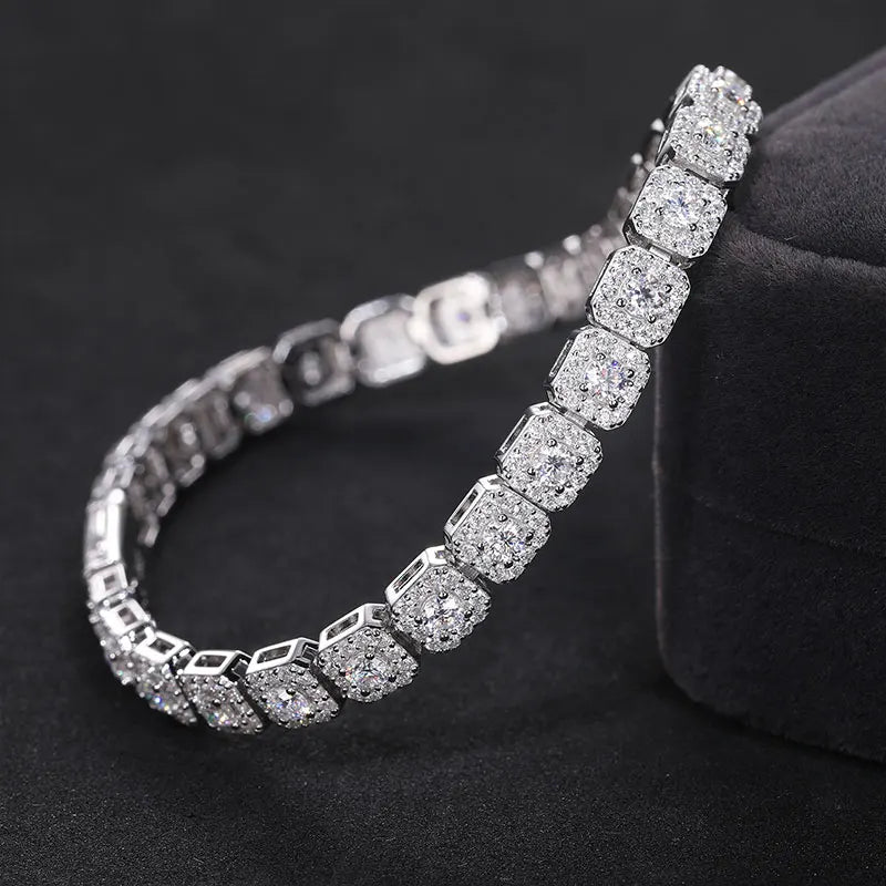 Elegant tennis bracelet, moissanite & diamonds, silver setting.