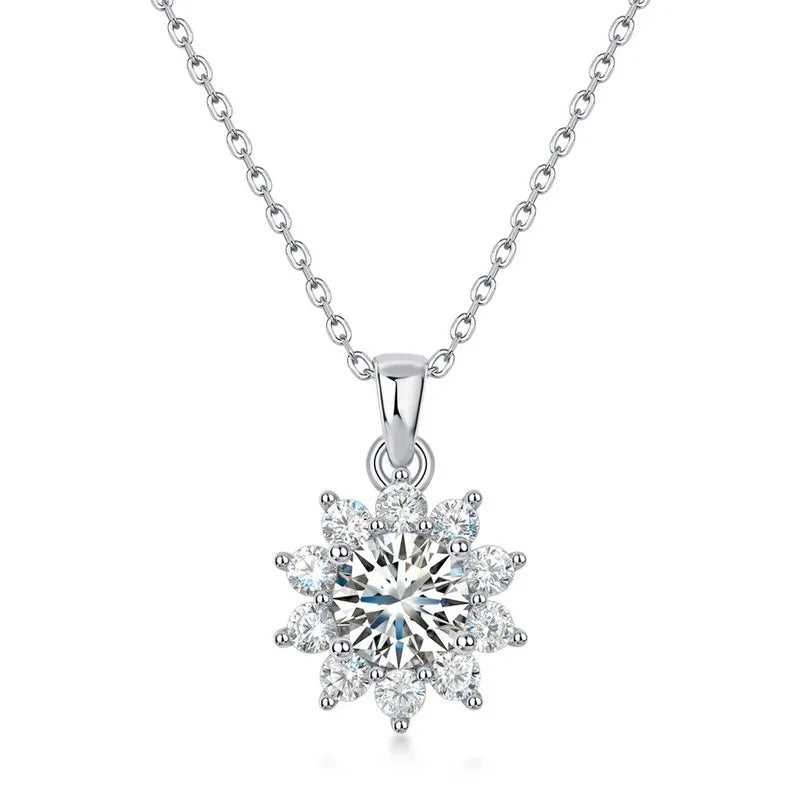 Sparkling moissanite jewelry set in sterling silver, flower design.