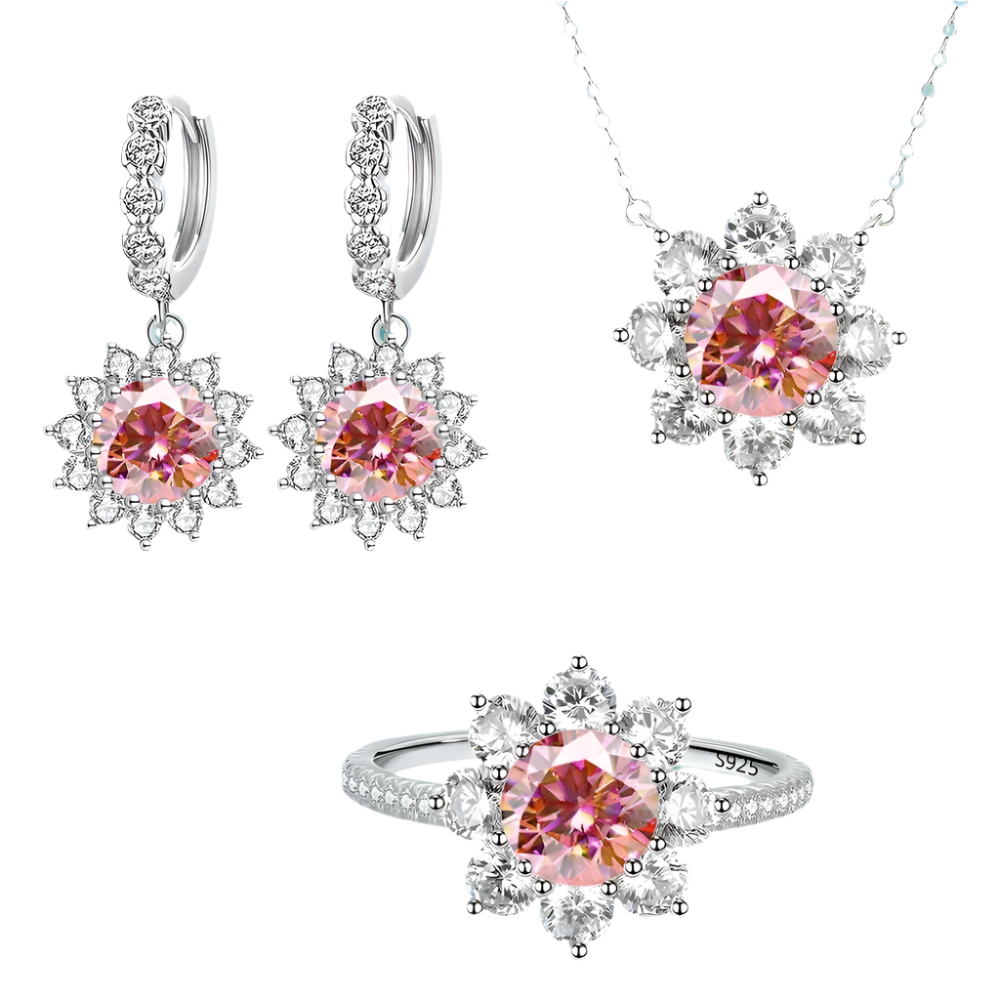 Sterling silver jewelry set with floral moissanite pendants and earrings.