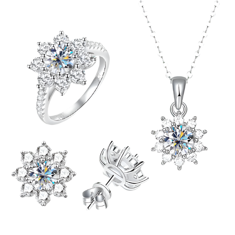 Sterling silver floral moissanite ring, earrings, and necklace set.