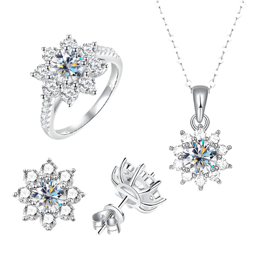 Sterling silver floral moissanite ring, earrings, and necklace set.