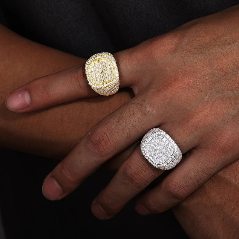 Statement ring: sterling silver band, oversized square top with rows of moissanite. Sparkle.