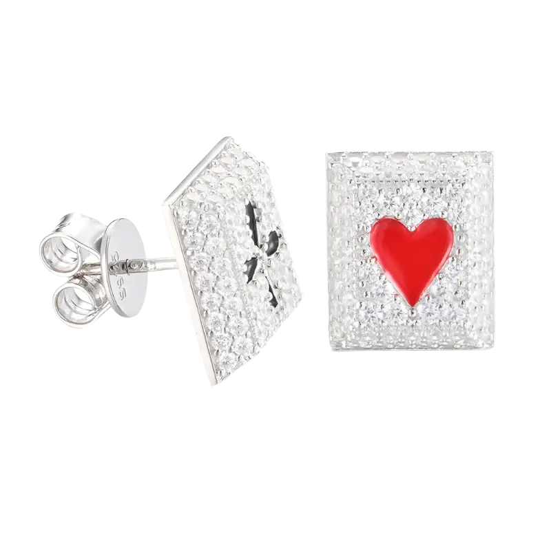 Sterling silver earrings, moissanite & diamond accents, playing card design.