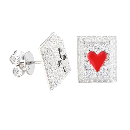 Sterling silver earrings, moissanite & diamond accents, playing card design.