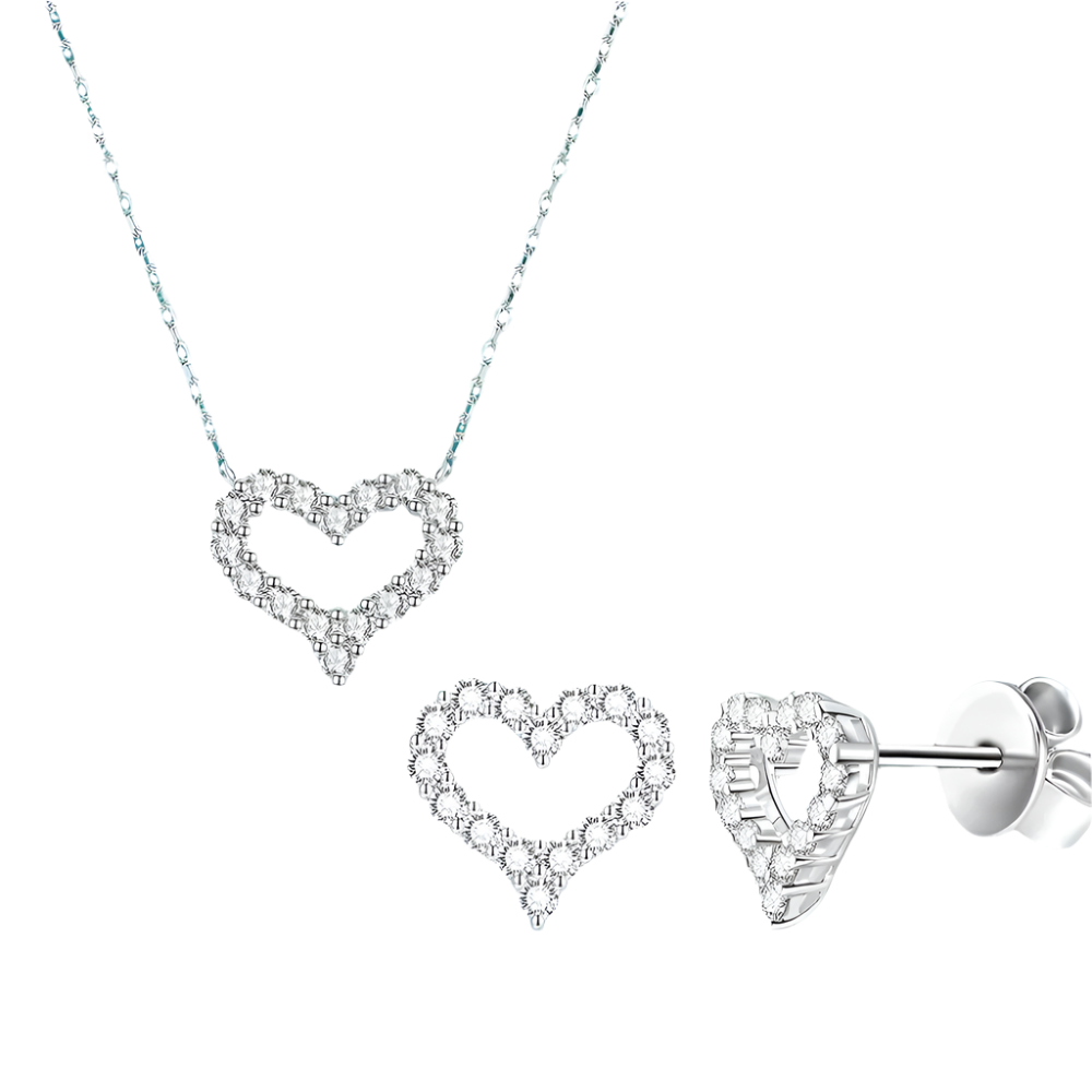 Sterling silver heart pendant & earrings, moissanite diamonds.