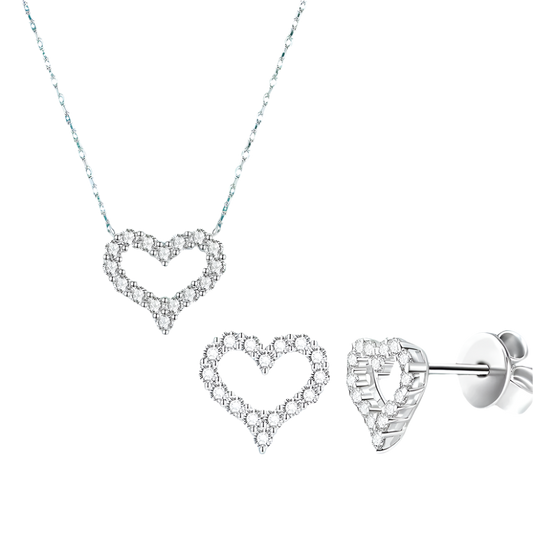 Sterling silver heart pendant & earrings, moissanite diamonds.