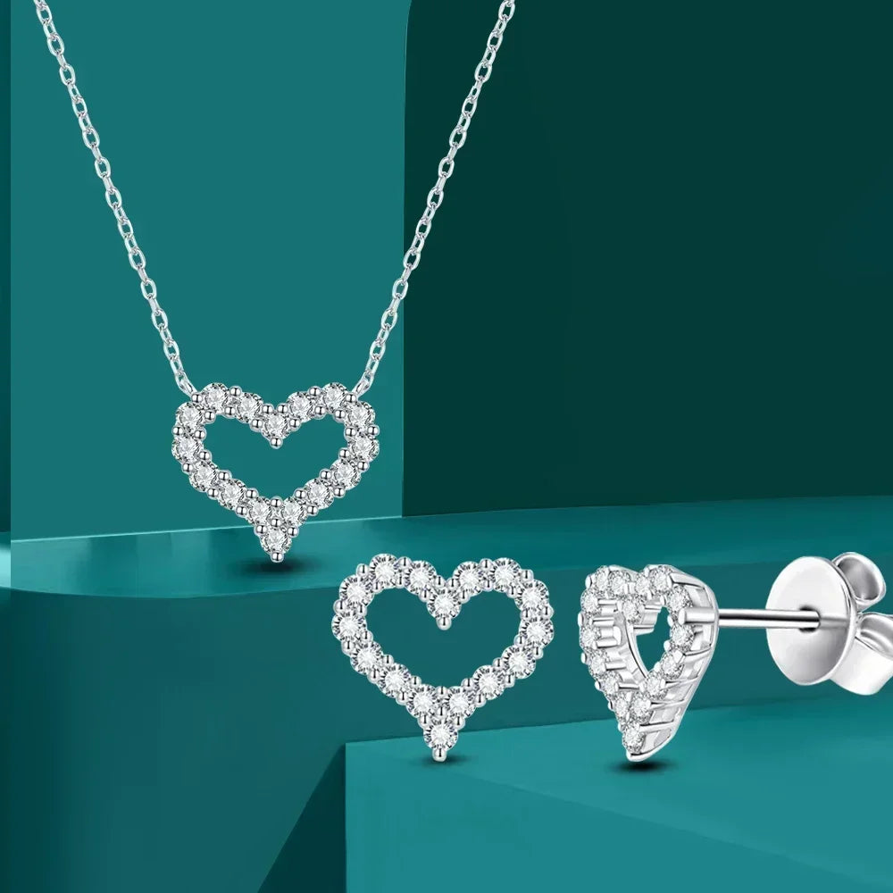 Moissanite heart jewelry set, sterling silver.