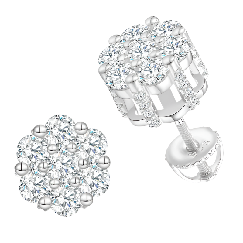 Sterling silver earrings with moissanite and diamond accents in a cluster design.