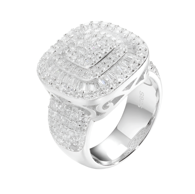 Dazzling men's ring: square moissanite center stone, channel-set sides, polished silver band.