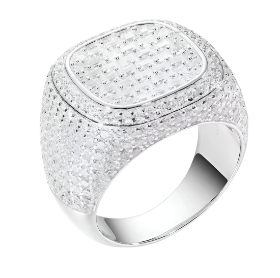 Sterling silver ring with large, square moissanite center stone and pave band. Bling.