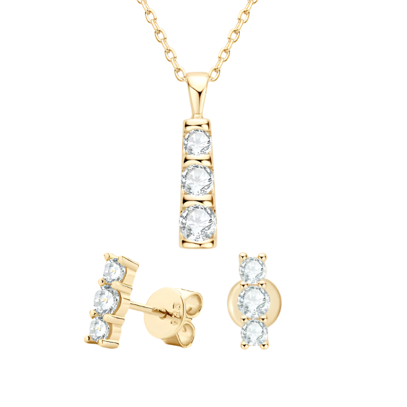 Moissanite jewelry set: pendant necklace & stud/drop earrings, silver setting.