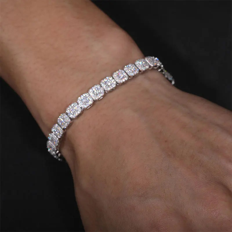 Dazzling bracelet: moissanite center stones, diamond halo, silver.