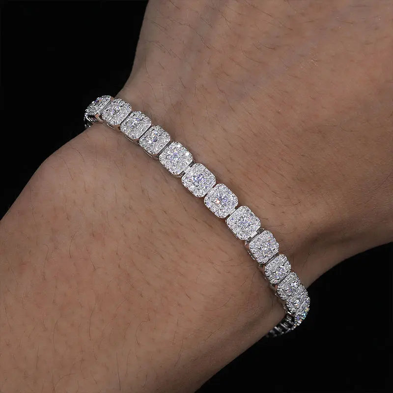 Chic square halo moissanite bracelet, diamond accents, silver.