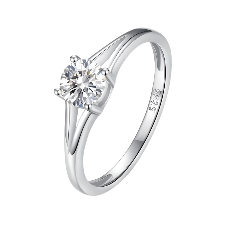 Sparkling moissanite solitaire ring in sleek sterling silver setting. Elegant and modern design.