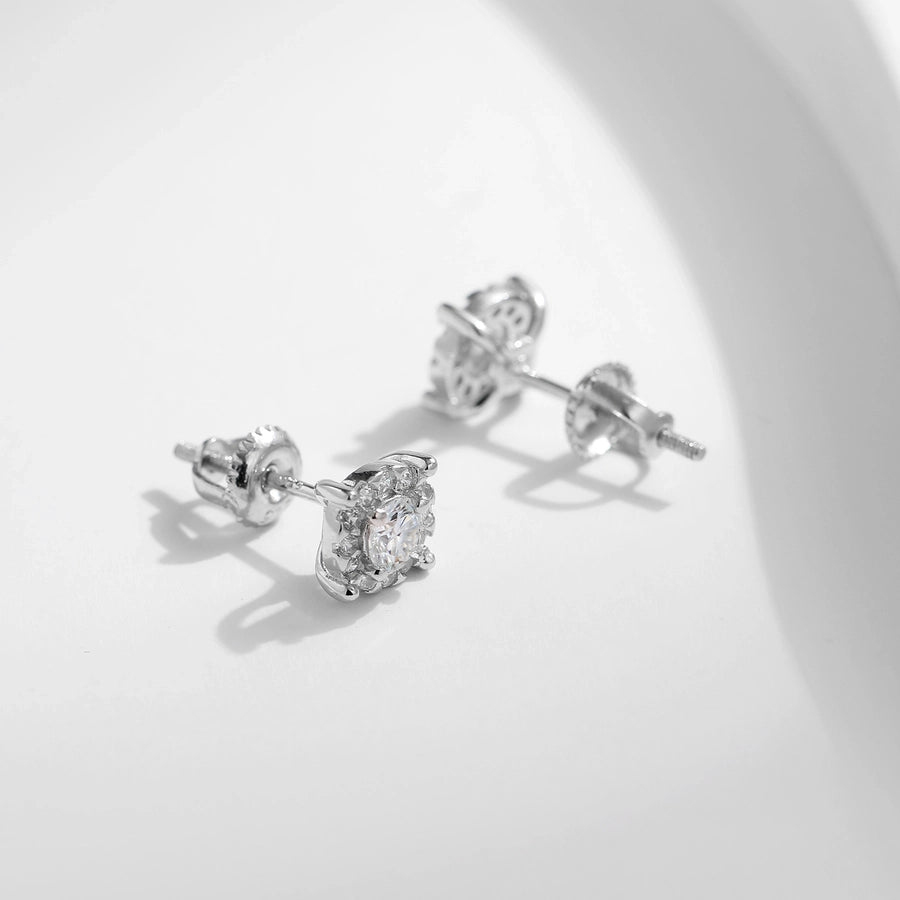 Dazzling square halo earrings, moissanite & diamonds, set in sleek sterling silver.