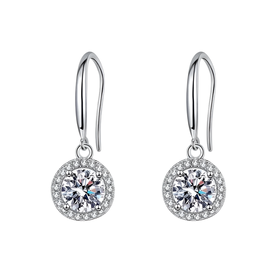 Sterling silver earrings with moissanite and diamond halo, elegant design.