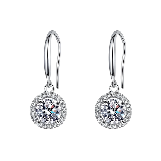 Sterling silver earrings with moissanite and diamond halo, elegant design.