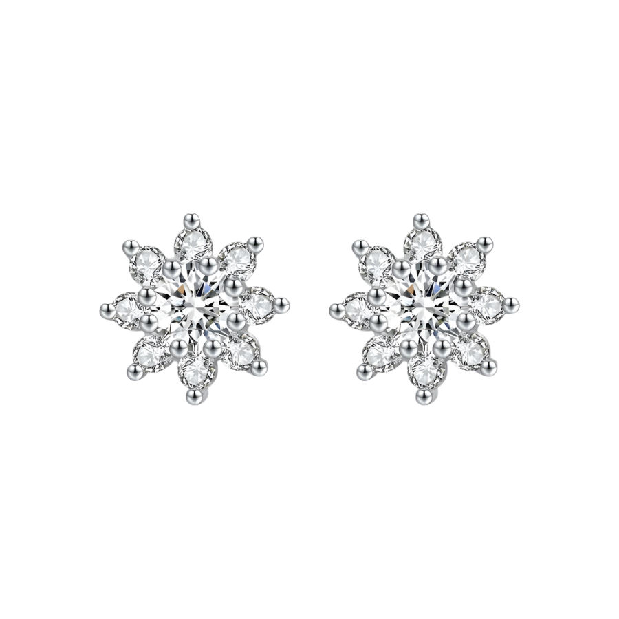 Sterling silver earrings, moissanite & diamond floral design.