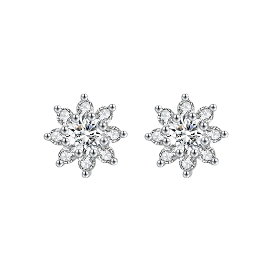 Sterling silver earrings, moissanite & diamond floral design.