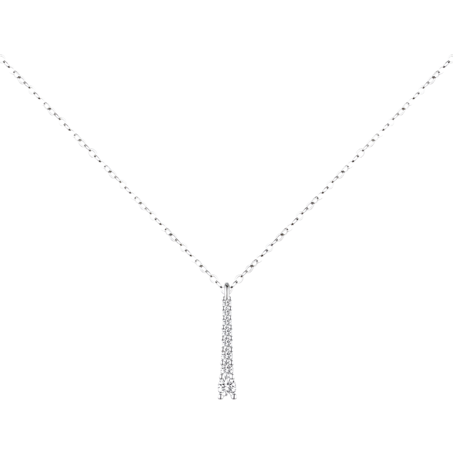 Sterling silver necklace with prong-set moissanite diamonds. Minimalist design.