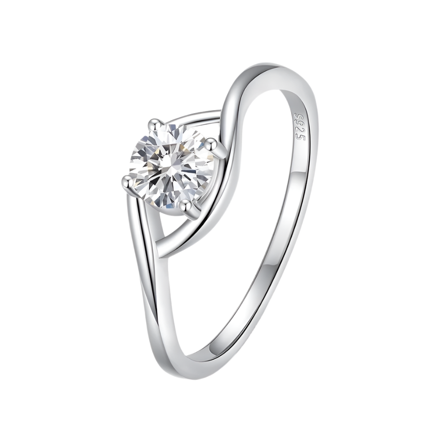 Sparkling moissanite ring, iris-shaped stone, sterling silver band, elegant design.