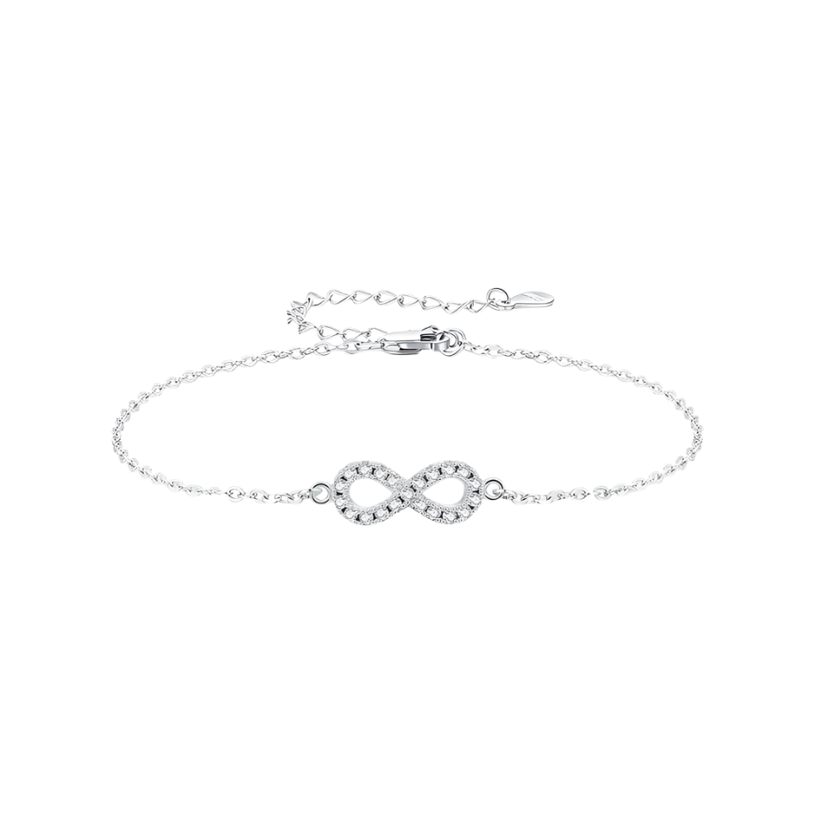 Sterling silver infinity bracelet with sparkling moissanite diamonds.