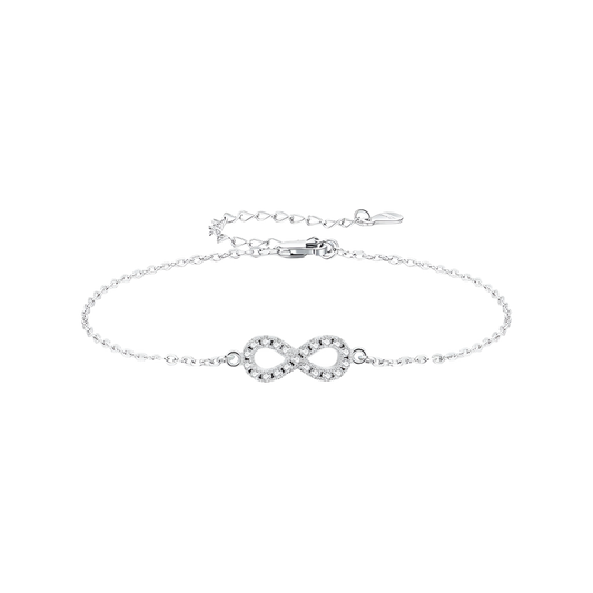 Sterling silver infinity bracelet with sparkling moissanite diamonds.