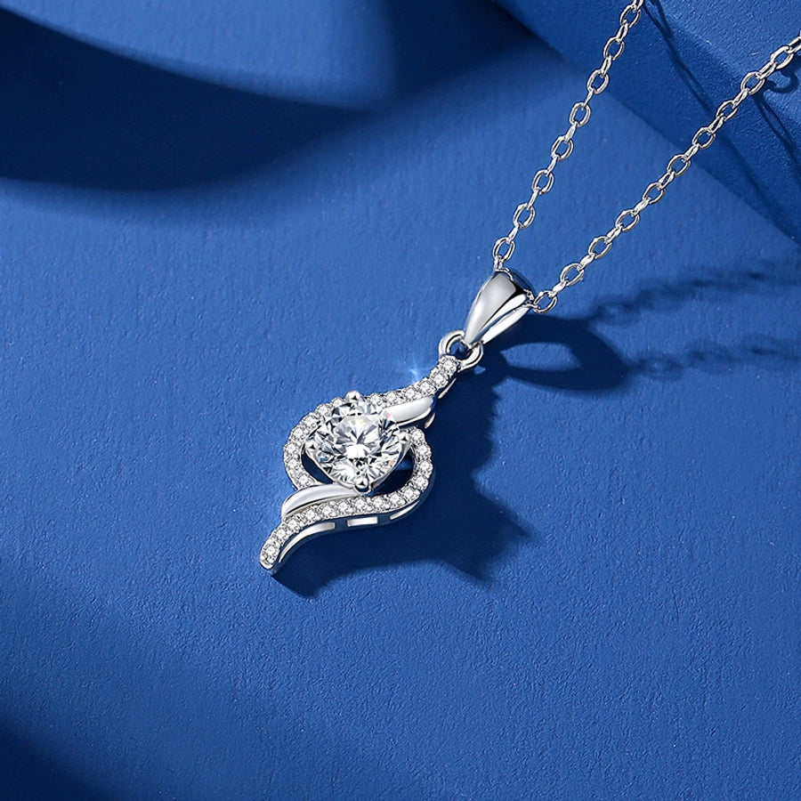 Elegant silver necklace, single moissanite diamond.