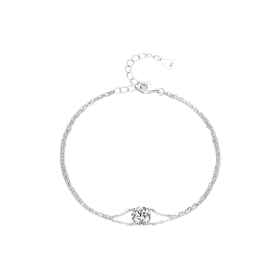 Sterling silver bracelet with moissanite solitaire. Delicate, sparkly.