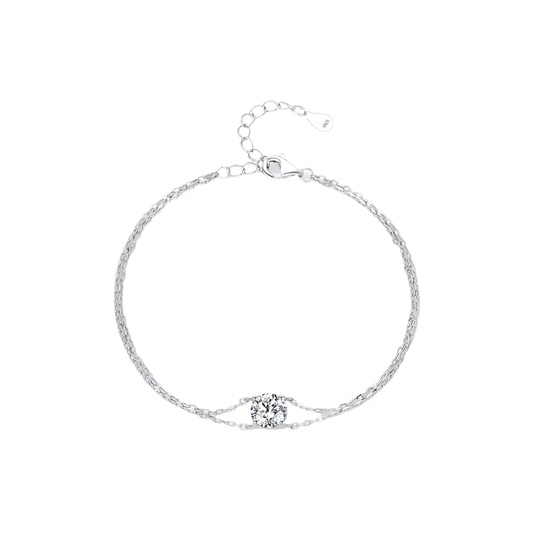 Sterling silver bracelet with moissanite solitaire. Delicate, sparkly.