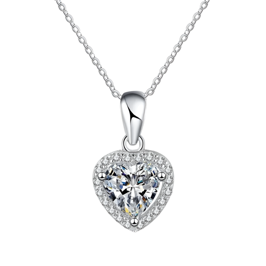 Sterling silver necklace with heart-shaped moissanite pendant.