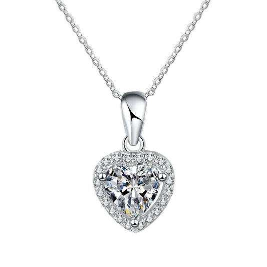 Sterling silver necklace with heart-shaped moissanite pendant.