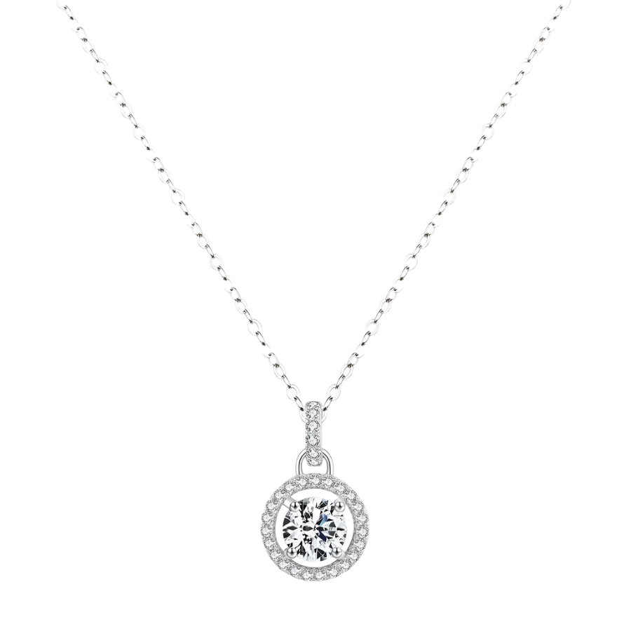 Sparkling moissanite necklace, sterling silver setting, elegant design.