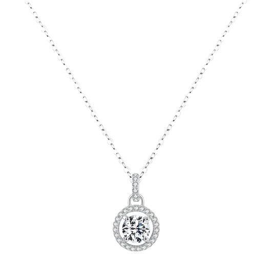 Sparkling moissanite necklace, sterling silver setting, elegant design.