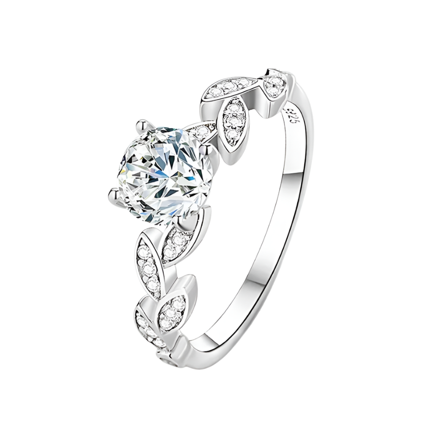 Sparkling moissanite ring in 925 sterling silver with delicate leaf-shaped accents.