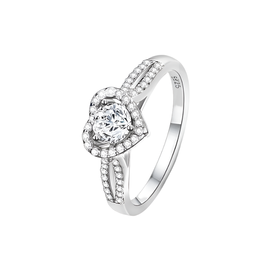 Sparkling moissanite heart ring in sterling silver setting, elegant and romantic design.