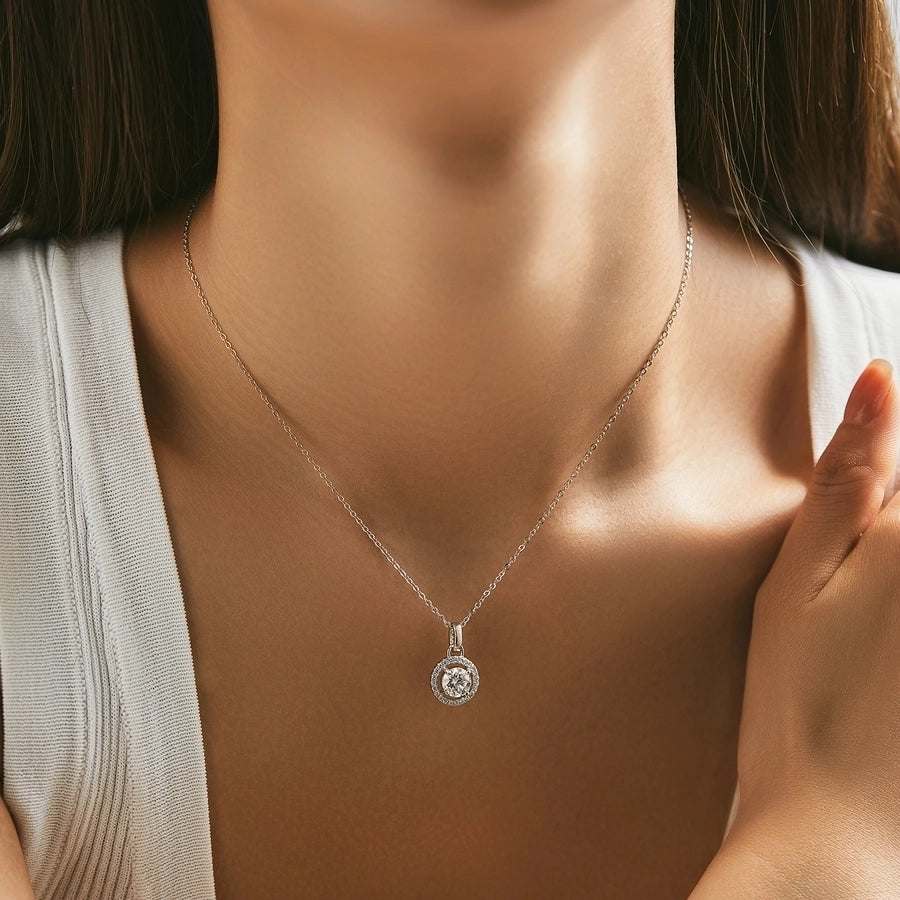 Silver moissanite necklace, halo pendant, delicate chain.