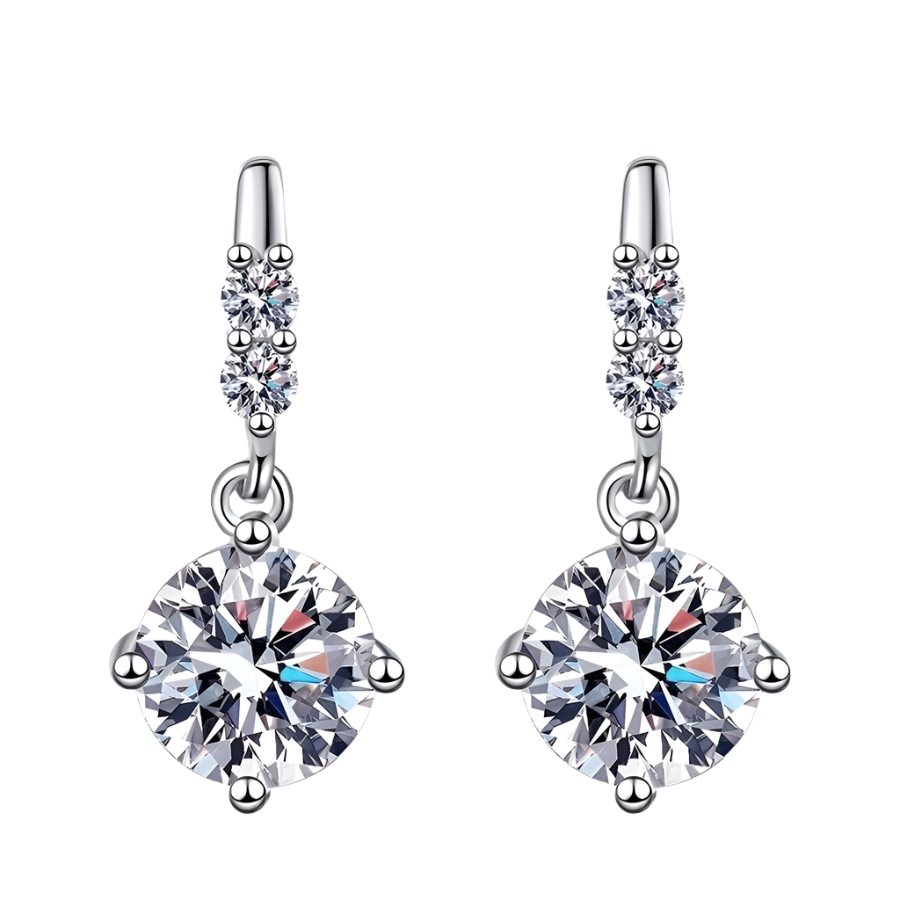 Sparkling moissanite & diamond earrings in sterling silver. Elegant & classic design.