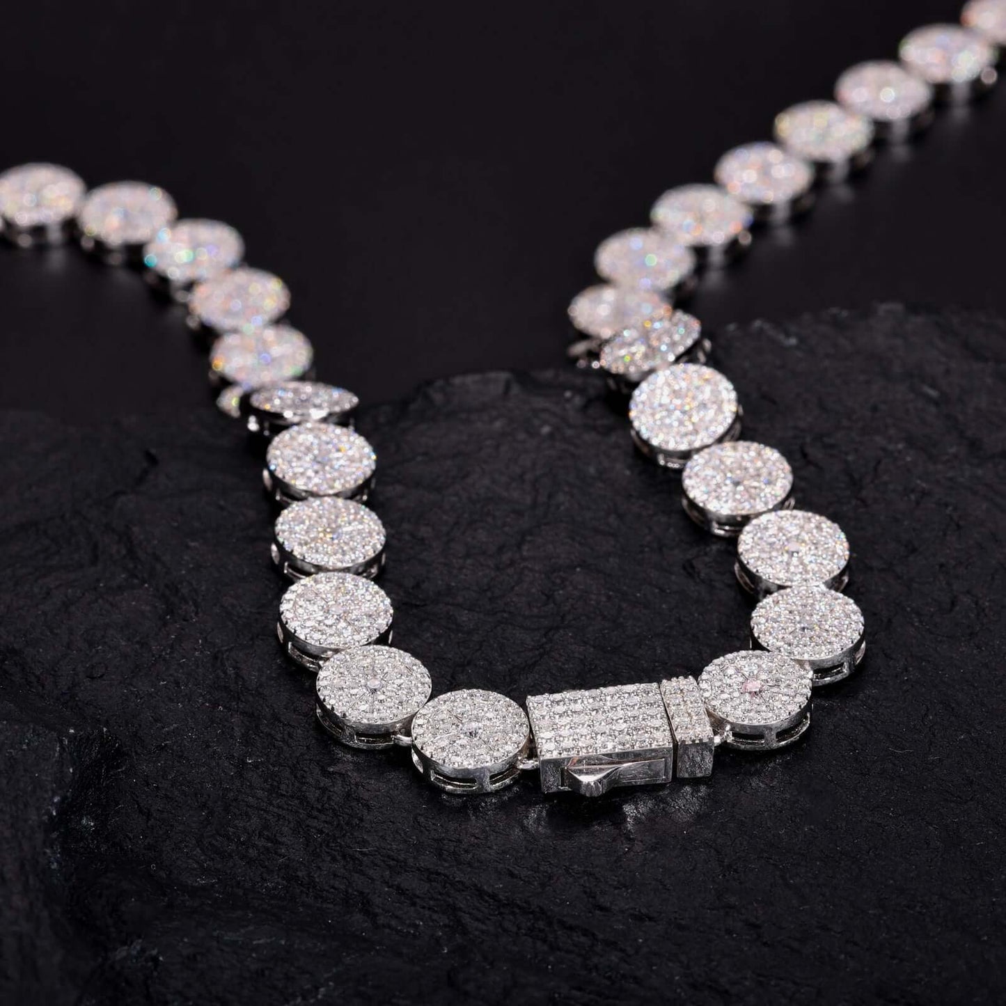 Dazzling moissanite necklace, sterling silver setting, round pave links, brilliant shine. chain